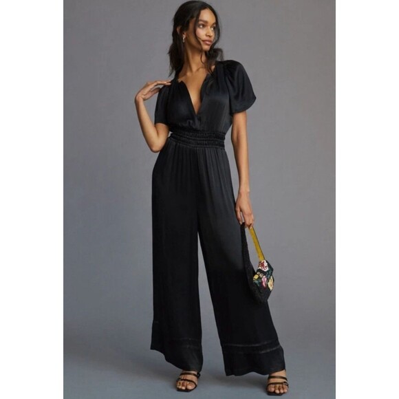 Anthropologie Somerset Jumpsuit Size M Wide Leg Black Mob Wife Holiday Formal - Picture 1 of 14
